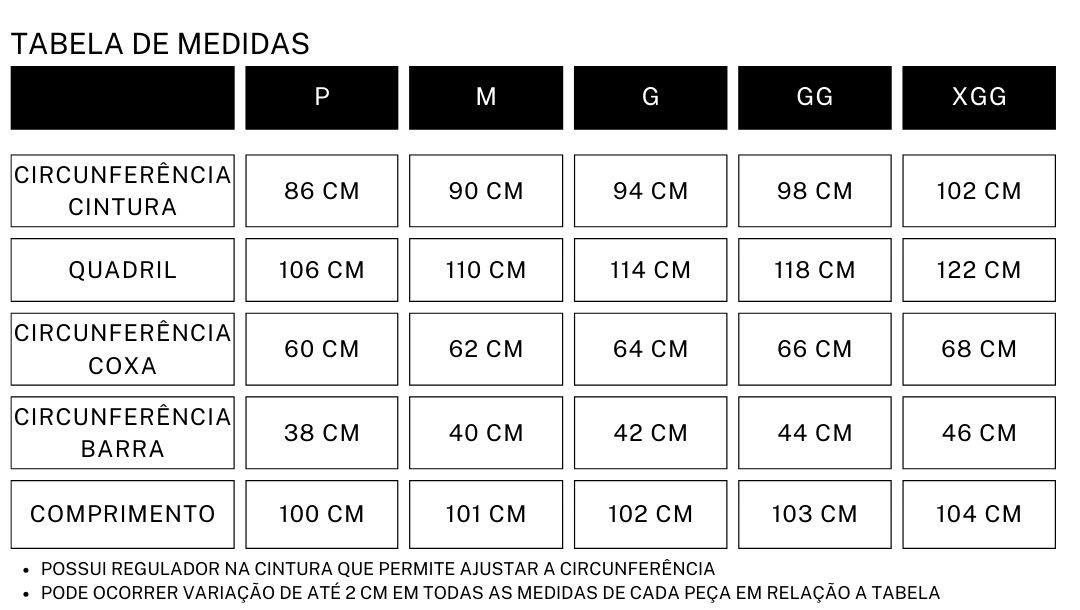 tabela medidas - calça fiji